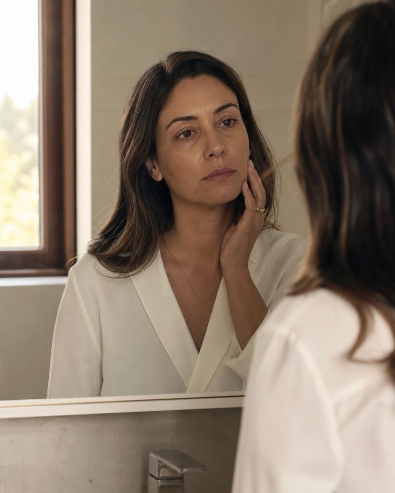 Mulher olhando seu reflexo no espelho com preocupação